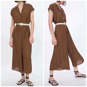 Zara Womens Brown Polka Dot Button Front Wide Leg Jumpsuit - NO BELT